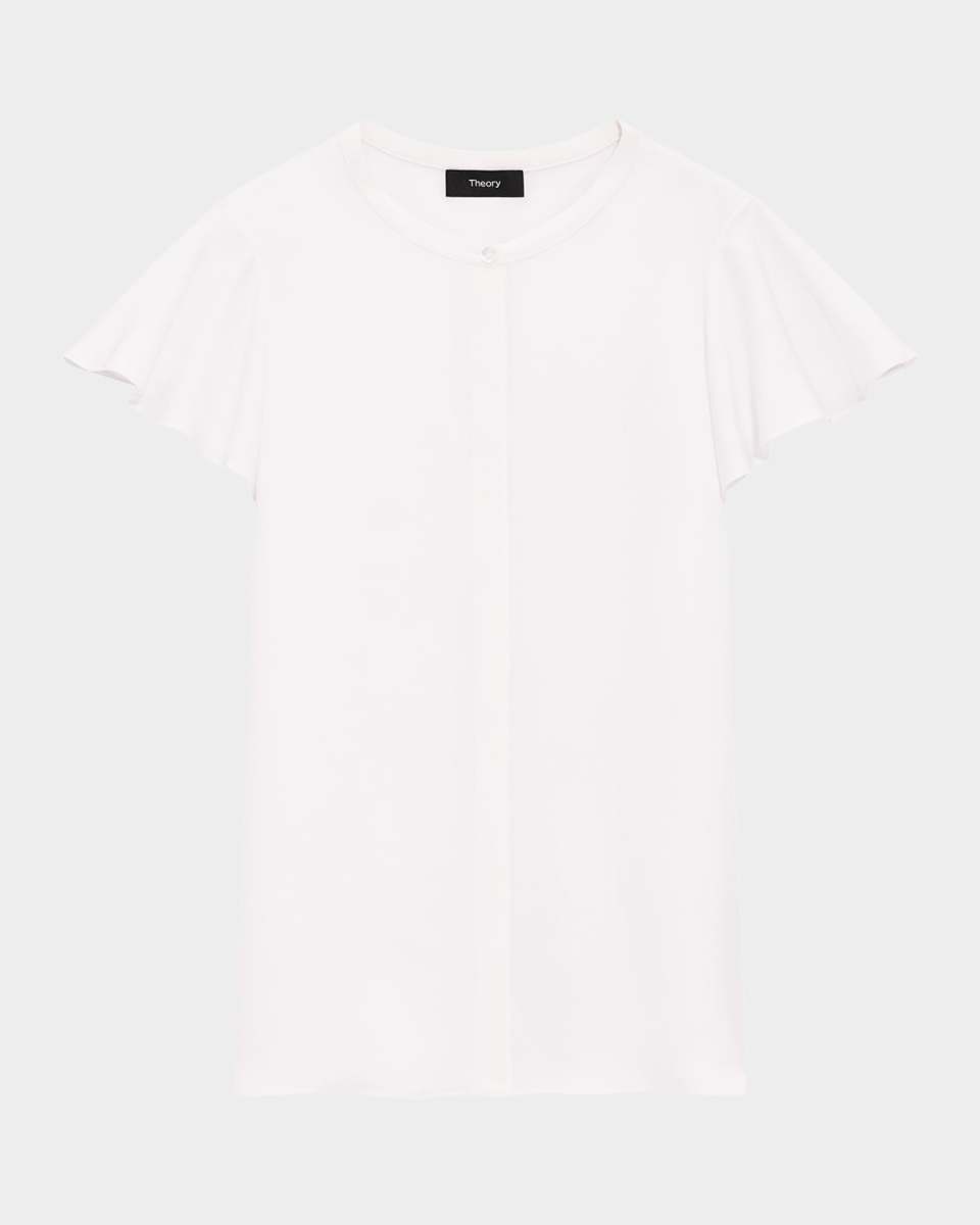 Ruffle-Sleeve Silk Button-Front Top